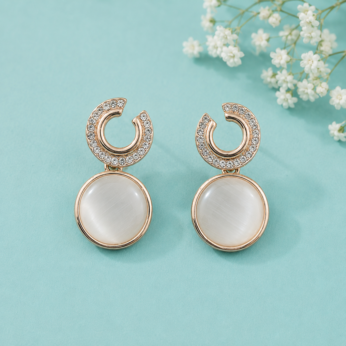 Rose Gold Cat Eye Stone Drop Earrings for Women | Crystal Studded Designer Statement Earrings