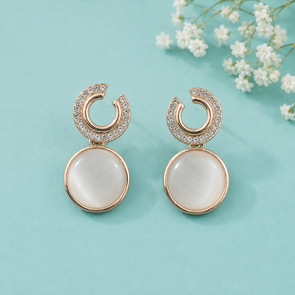 Rose Gold Cat Eye Stone Drop Earrings for Women | Crystal Studded Designer Statement Earrings