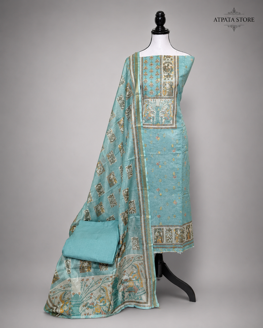 Aqua Blue Heritage Printed Unstitched Suit with Designer Dupatta