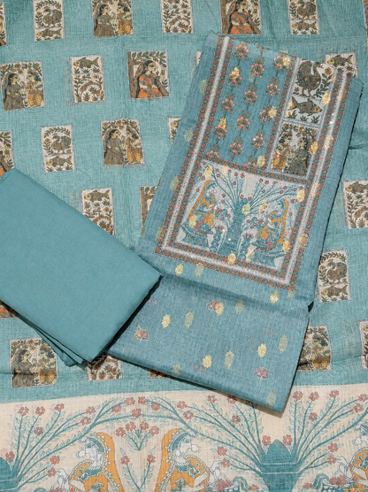 Aqua Blue Heritage Printed Unstitched Suit with Designer Dupatta