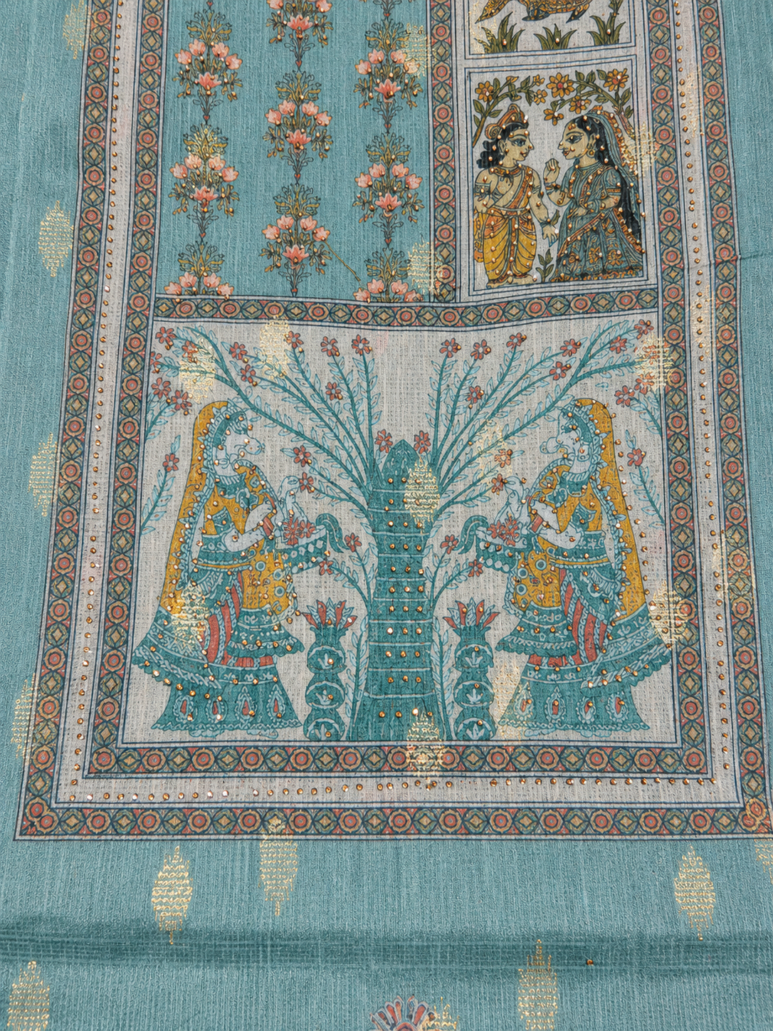 Aqua Blue Heritage Printed Unstitched Suit with Designer Dupatta