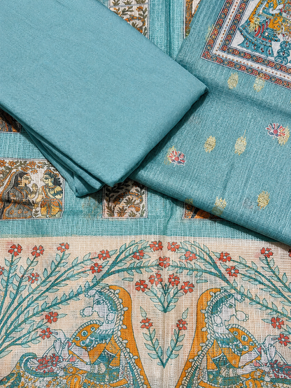 Aqua Blue Heritage Printed Unstitched Suit with Designer Dupatta
