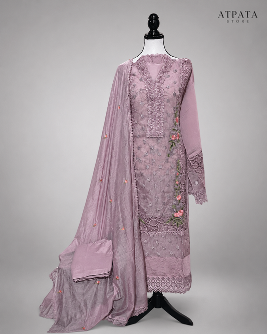 Lavender Mauve Embroidered Luxury Unstitched Suit Set with Floral Lace Work
