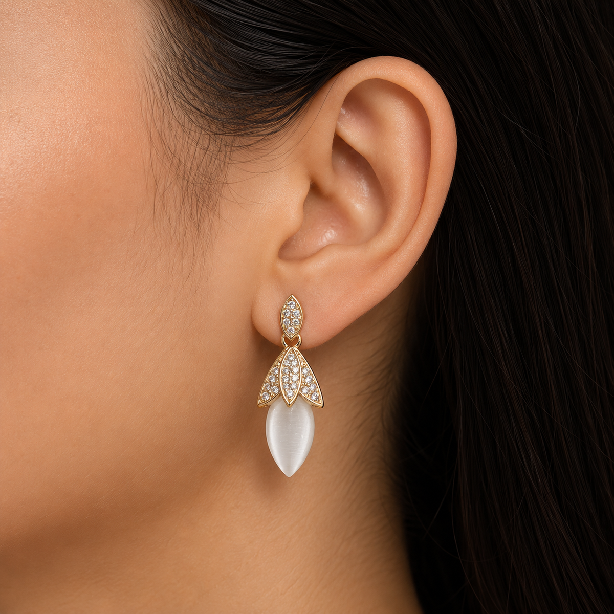 Gold Tone Crystal Leaf Drop Earrings for Women | White Cat Eye Stone Designer Earrings