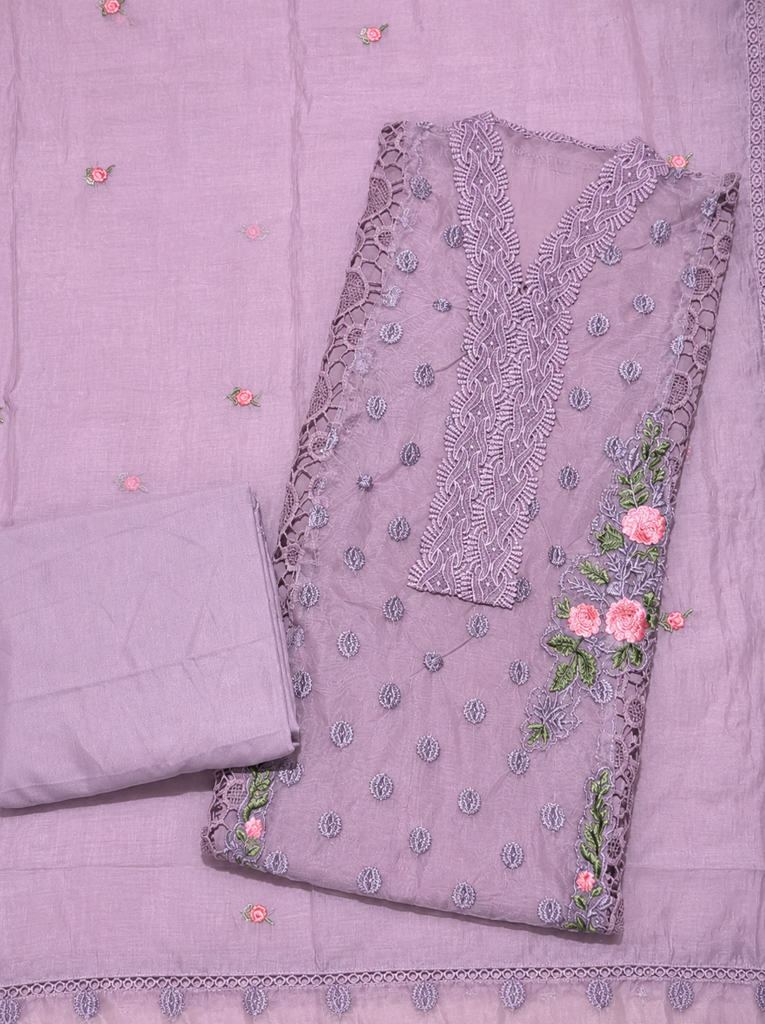 Lavender Mauve Embroidered Luxury Unstitched Suit Set with Floral Lace Work