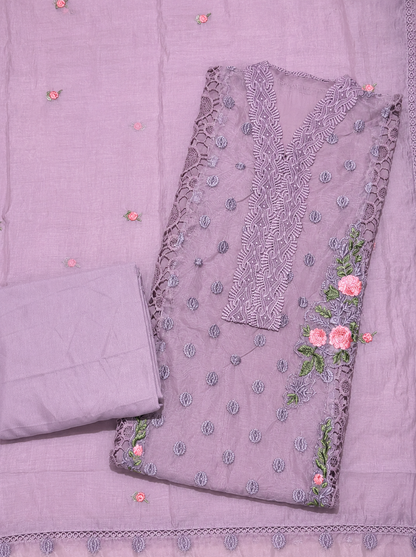 Lavender Mauve Embroidered Luxury Unstitched Suit Set with Floral Lace Work