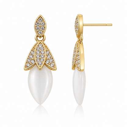 Gold Tone Crystal Leaf Drop Earrings for Women | White Cat Eye Stone Designer Earrings