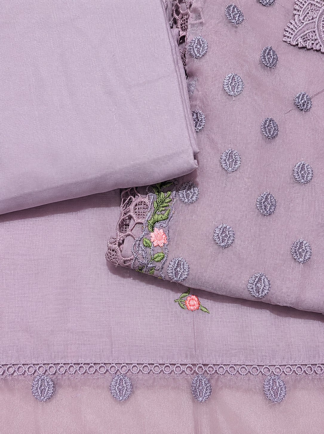 Lavender Mauve Embroidered Luxury Unstitched Suit Set with Floral Lace Work