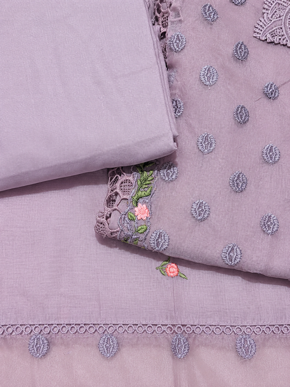 Lavender Mauve Embroidered Luxury Unstitched Suit Set with Floral Lace Work