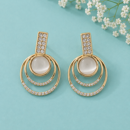 Gold Tone Double Circle Crystal Drop Earrings for Women | White Cat Eye Stone Designer Statement Earrings