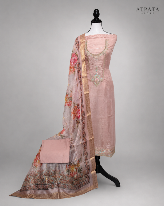 Blush Pink Embroidered Unstitched Suit Set with Floral Printed Dupatta
