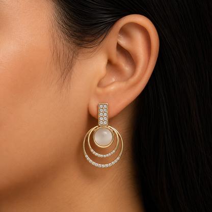 Gold Tone Double Circle Crystal Drop Earrings for Women | White Cat Eye Stone Designer Statement Earrings