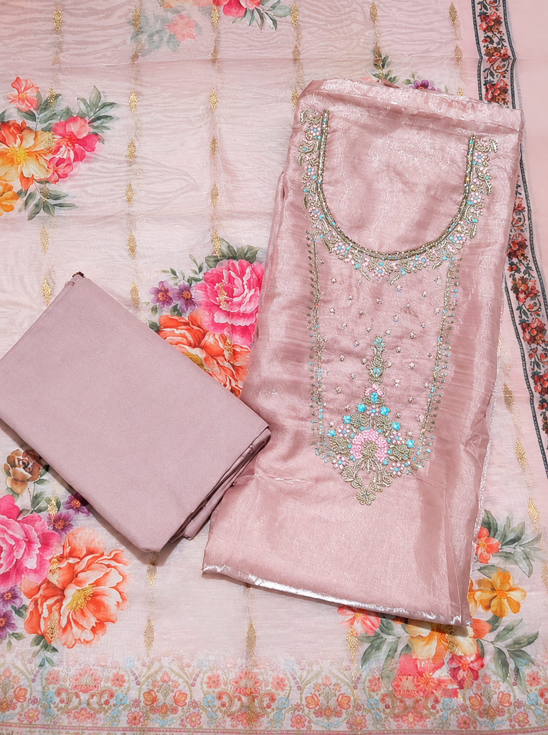 Blush Pink Embroidered Unstitched Suit Set with Floral Printed Dupatta