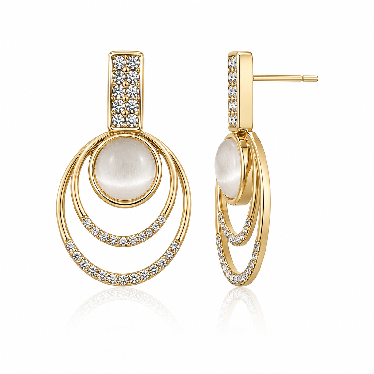 Gold Tone Double Circle Crystal Drop Earrings for Women | White Cat Eye Stone Designer Statement Earrings