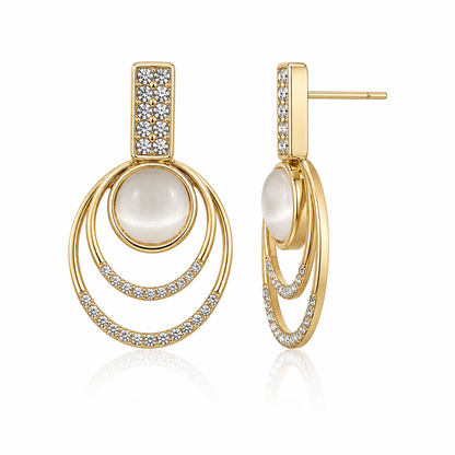 Gold Tone Double Circle Crystal Drop Earrings for Women | White Cat Eye Stone Designer Statement Earrings