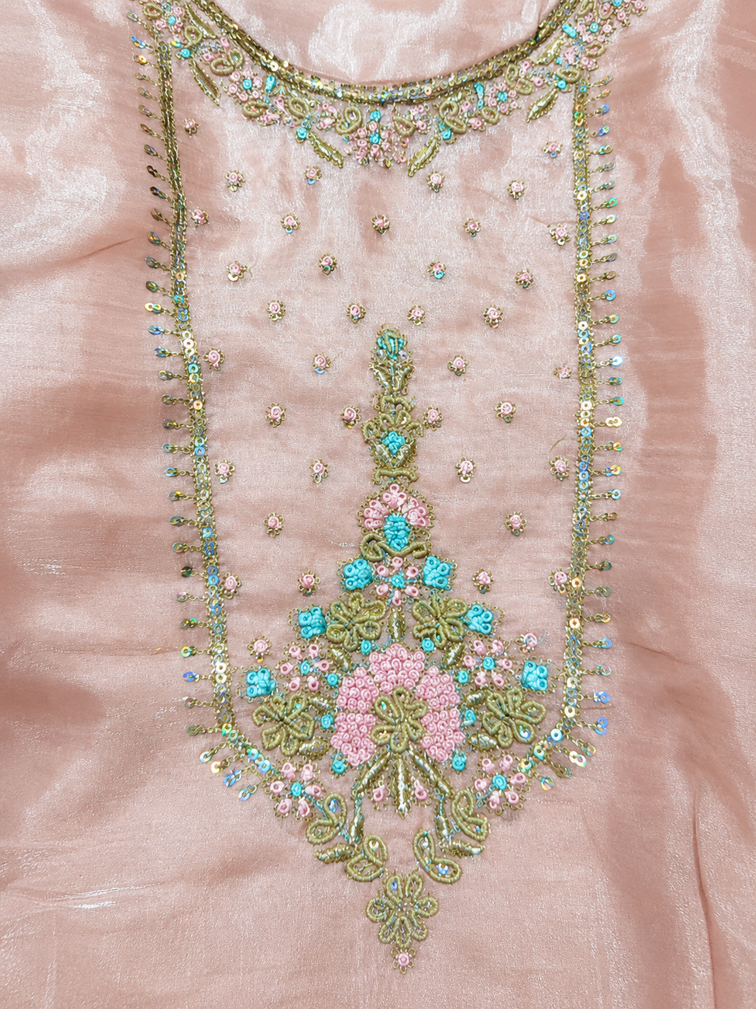 Blush Pink Embroidered Unstitched Suit Set with Floral Printed Dupatta