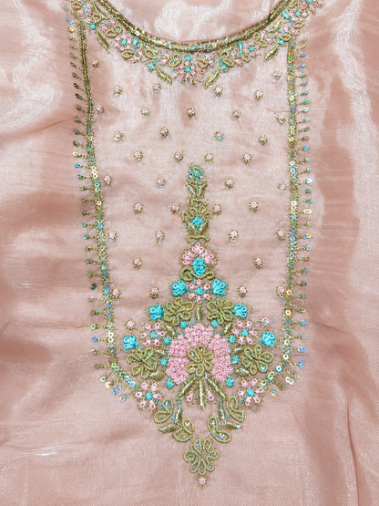Blush Pink Embroidered Unstitched Suit Set with Floral Printed Dupatta