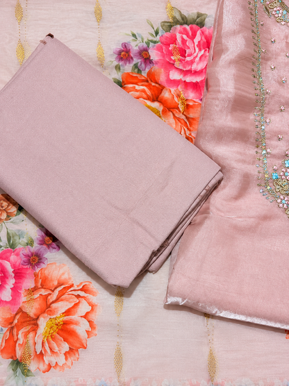 Blush Pink Embroidered Unstitched Suit Set with Floral Printed Dupatta