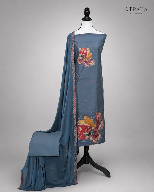 Steel Blue Floral Print Unstitched Suit Set with Designer Dupatta