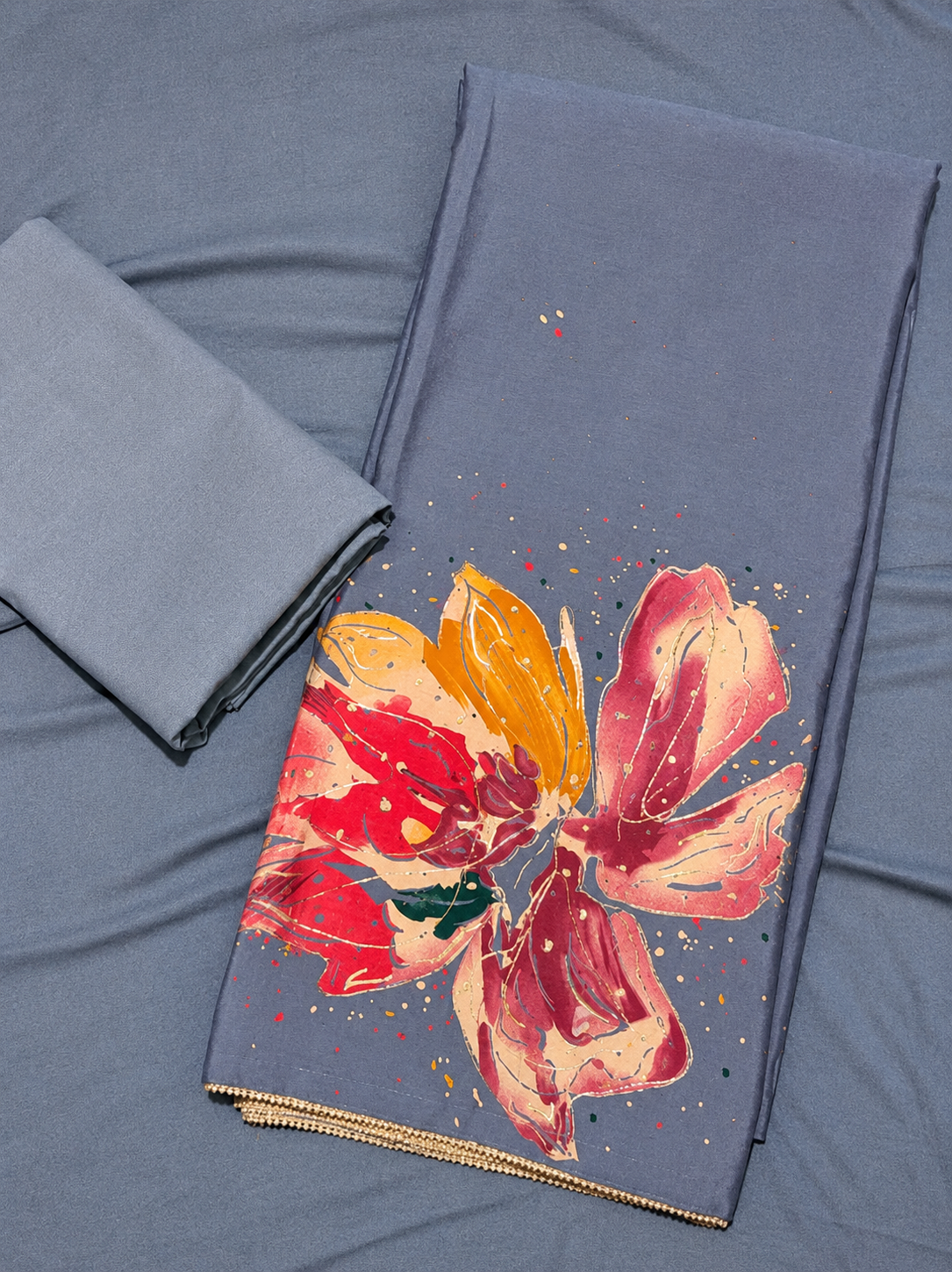 Steel Blue Floral Print Unstitched Suit Set with Designer Dupatta