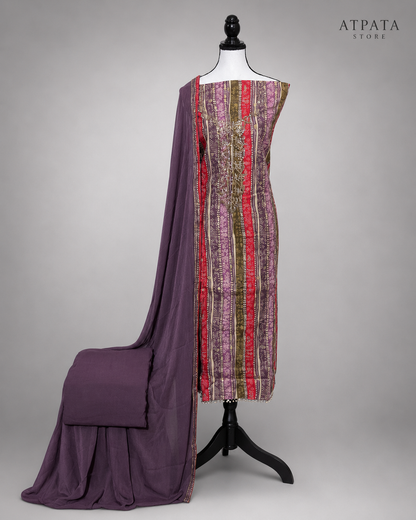 Royal Plum Embroidered Printed Unstitched Suit Set with Matching Dupatta