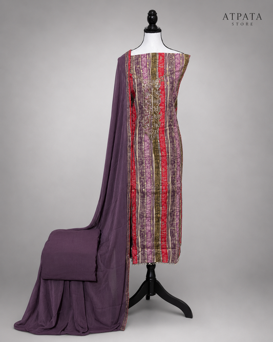 Royal Plum Embroidered Printed Unstitched Suit Set with Matching Dupatta