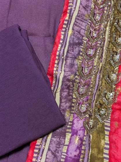 Royal Plum Embroidered Printed Unstitched Suit Set with Matching Dupatta