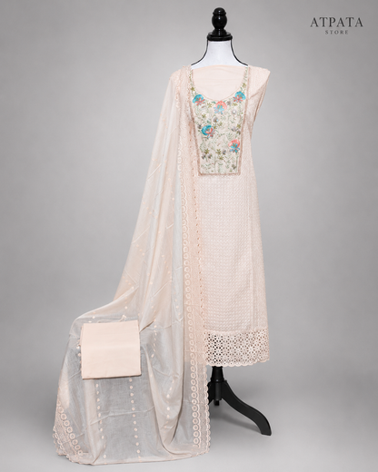 Ivory Beige Floral Embroidered Unstitched Suit Set with Elegant Dupatta