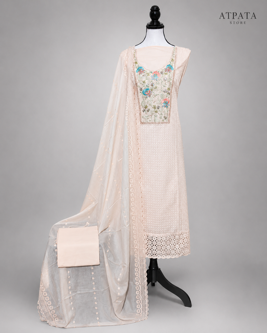 Ivory Beige Floral Embroidered Unstitched Suit Set with Elegant Dupatta