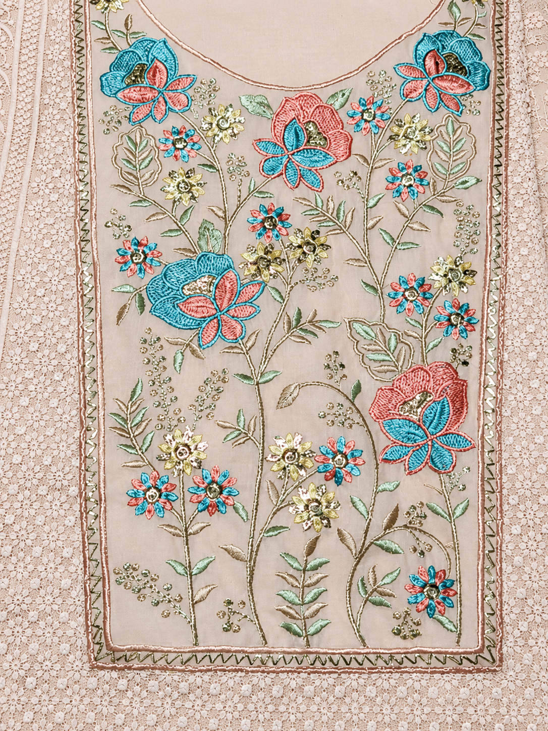Ivory Beige Floral Embroidered Unstitched Suit Set with Elegant Dupatta