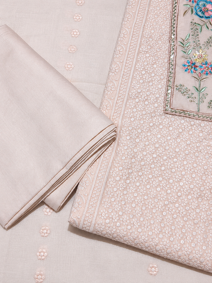Ivory Beige Floral Embroidered Unstitched Suit Set with Elegant Dupatta