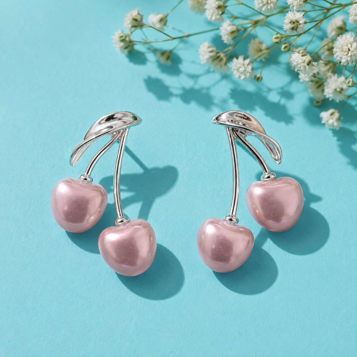 Cute Pink Cherry Drop Earrings for Women | Korean Style Pearl Cherry Earrings