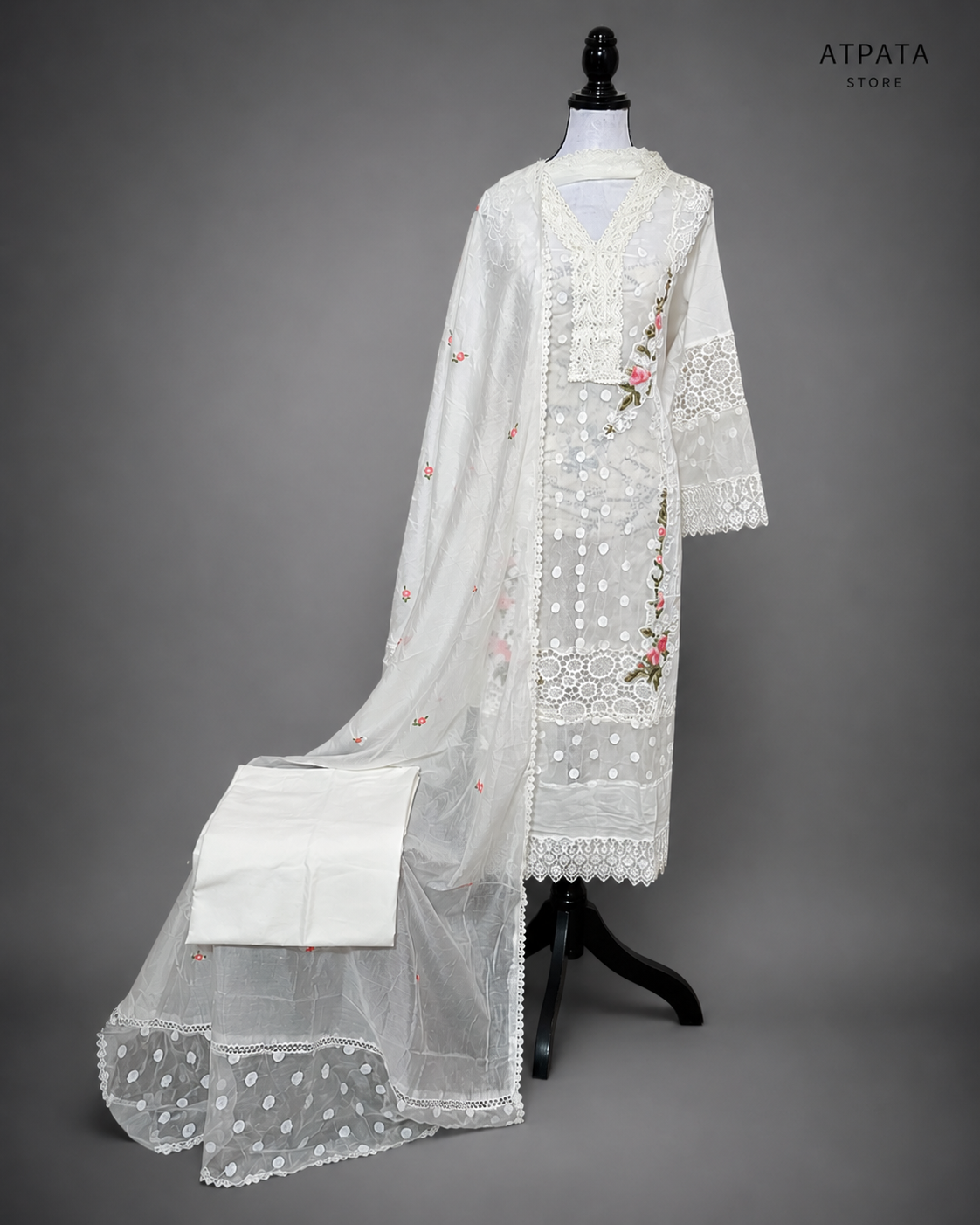 Elegant White Embroidered Lawn Suit Set with Floral Lace Detailing & Dupatta