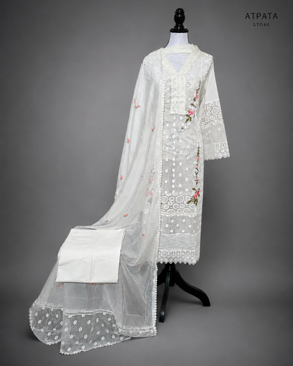 Elegant White Embroidered Lawn Suit Set with Floral Lace Detailing & Dupatta