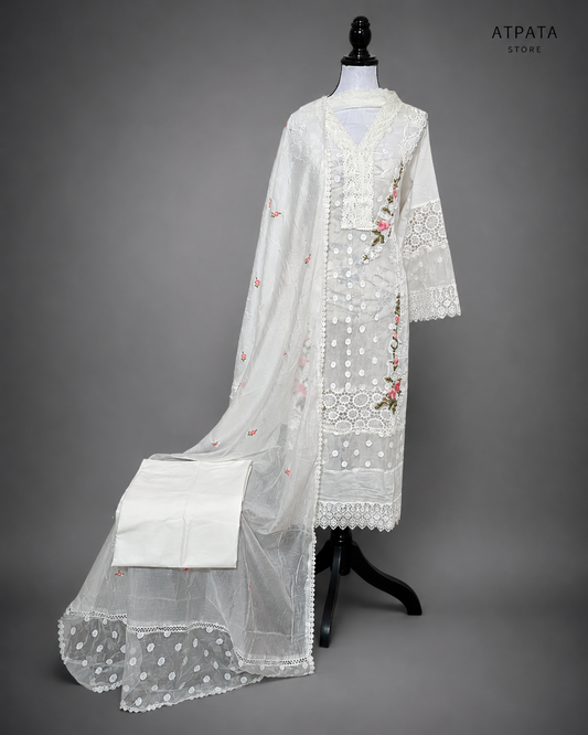 Elegant White Embroidered Lawn Suit Set with Floral Lace Detailing & Dupatta