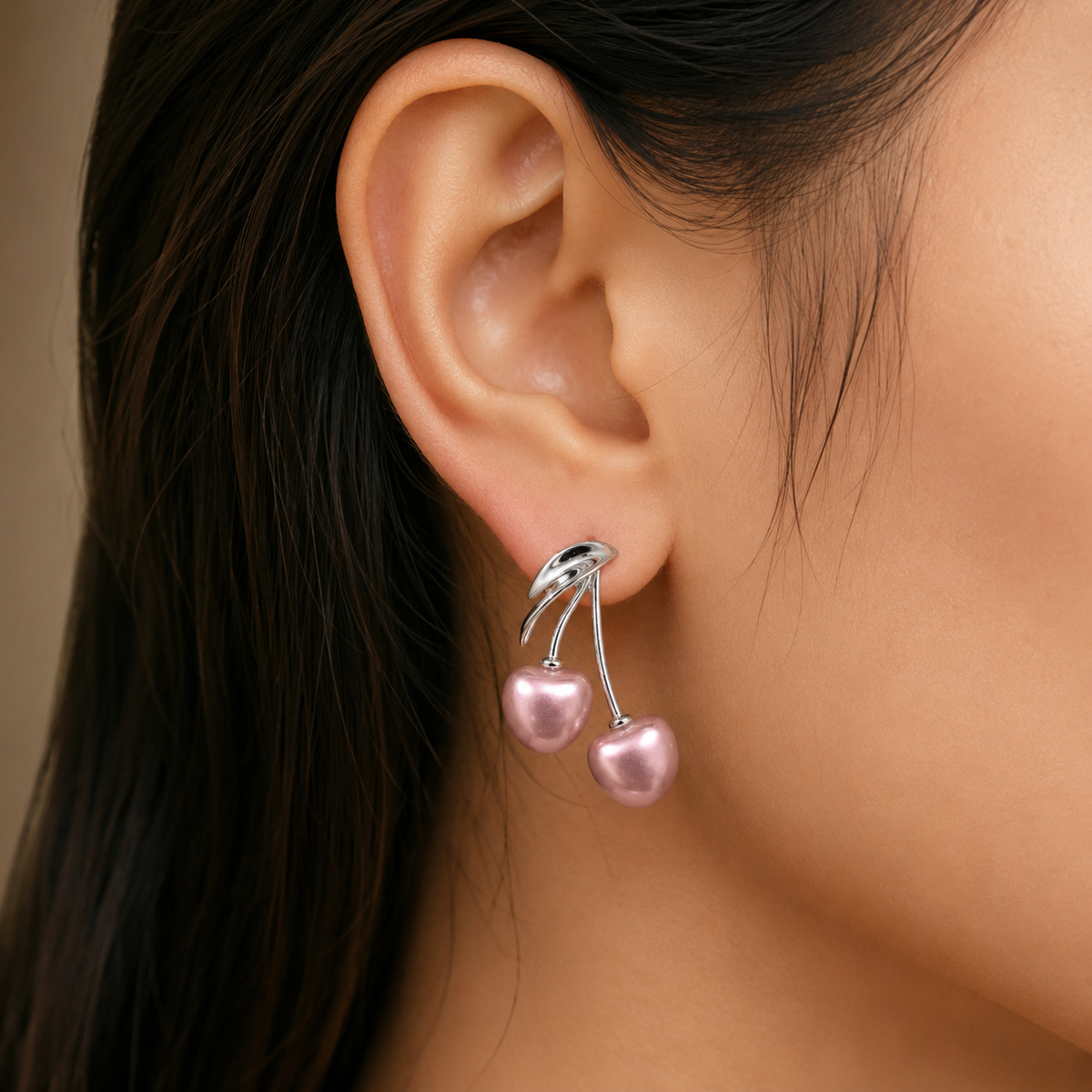 Cute Pink Cherry Drop Earrings for Women | Korean Style Pearl Cherry Earrings