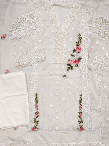 Elegant White Embroidered Lawn Suit Set with Floral Lace Detailing & Dupatta