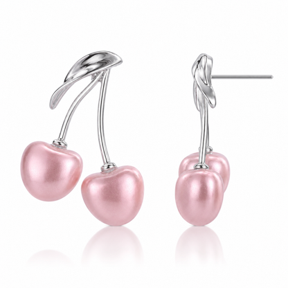 Cute Pink Cherry Drop Earrings for Women | Korean Style Pearl Cherry Earrings