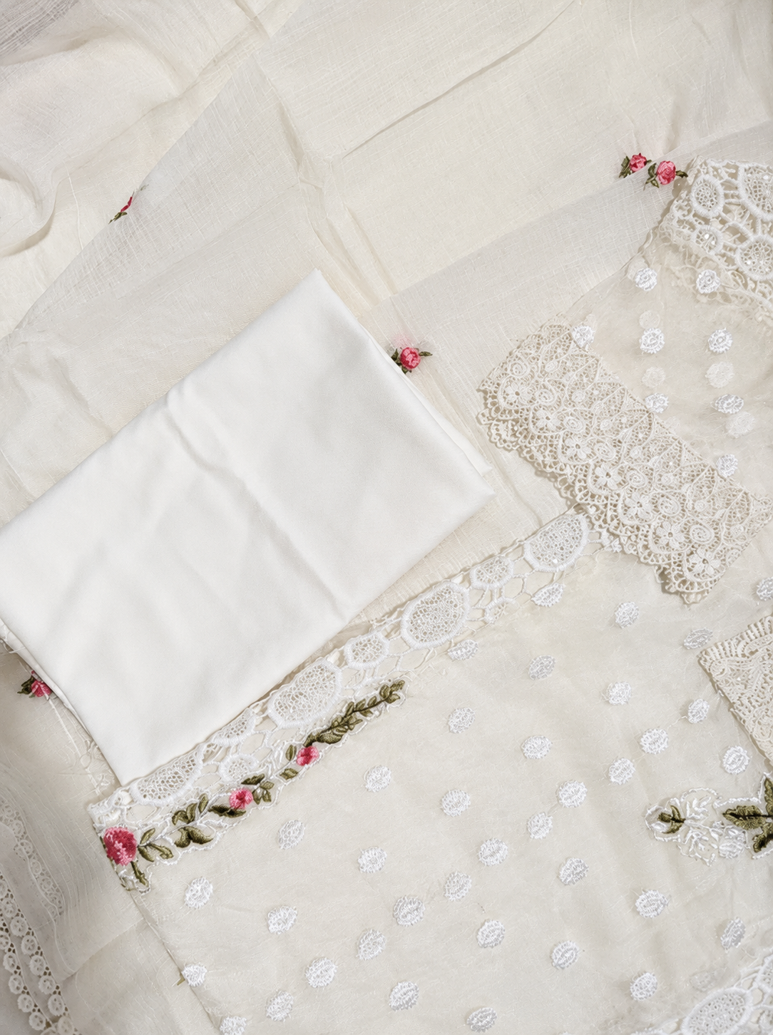 Elegant White Embroidered Lawn Suit Set with Floral Lace Detailing & Dupatta