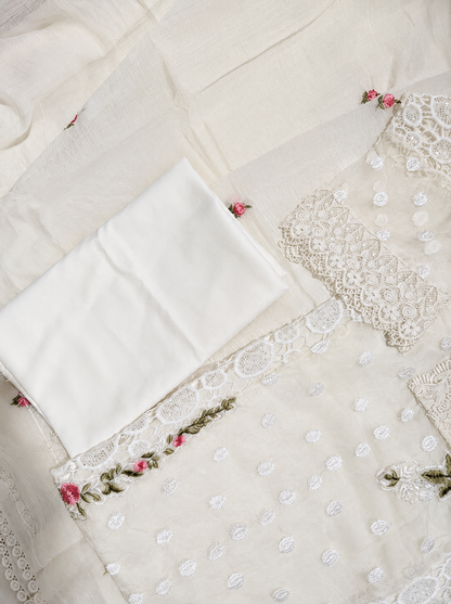 Elegant White Embroidered Lawn Suit Set with Floral Lace Detailing & Dupatta