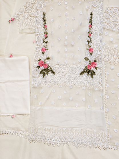 Elegant White Embroidered Lawn Suit Set with Floral Lace Detailing & Dupatta