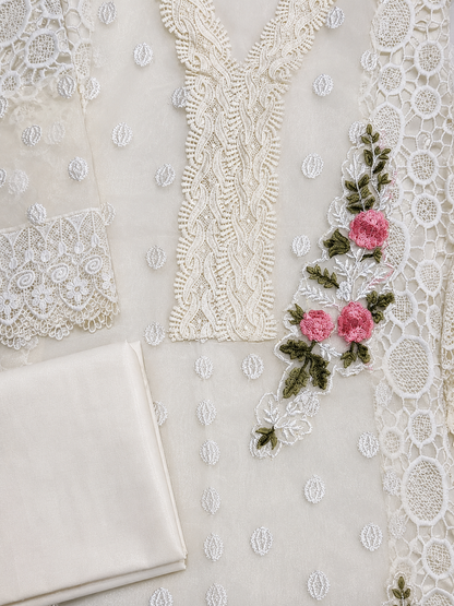 Elegant White Embroidered Lawn Suit Set with Floral Lace Detailing & Dupatta