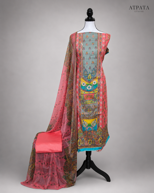 Coral Pink & Mist Blue Digital Print Unstitched Suit Set with Paisley Dupatta