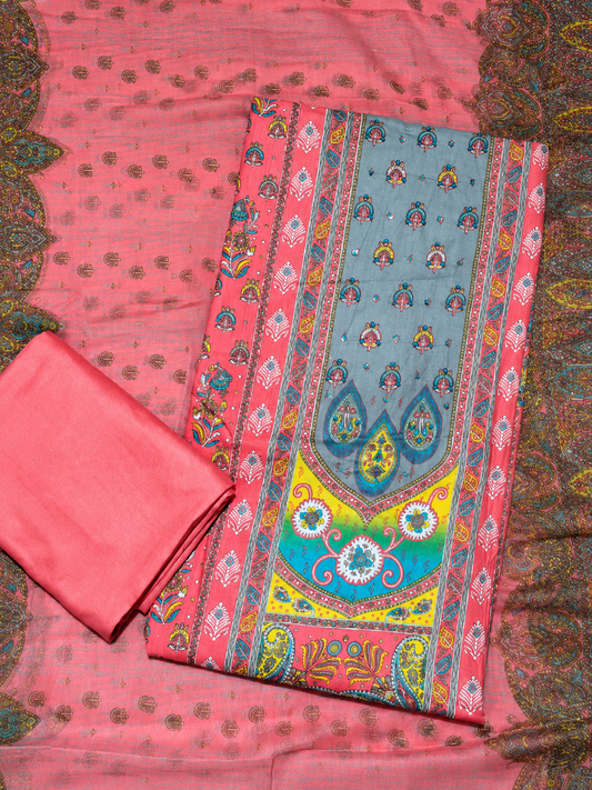 Coral Pink & Mist Blue Digital Print Unstitched Suit Set with Paisley Dupatta