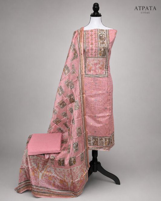 Dusty Rose Traditional Printed Unstitched Suit Set with Designer Dupatta