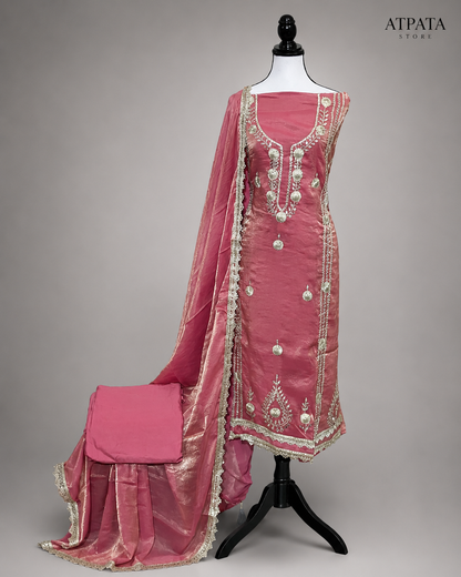 Rose Pink Embroidered Unstitched Suit Set with Elegant Gold Work Dupatta
