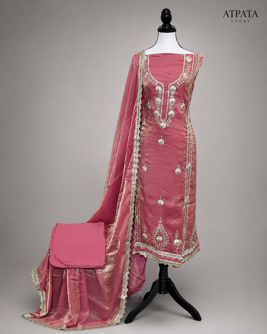 Rose Pink Embroidered Unstitched Suit Set with Elegant Gold Work Dupatta