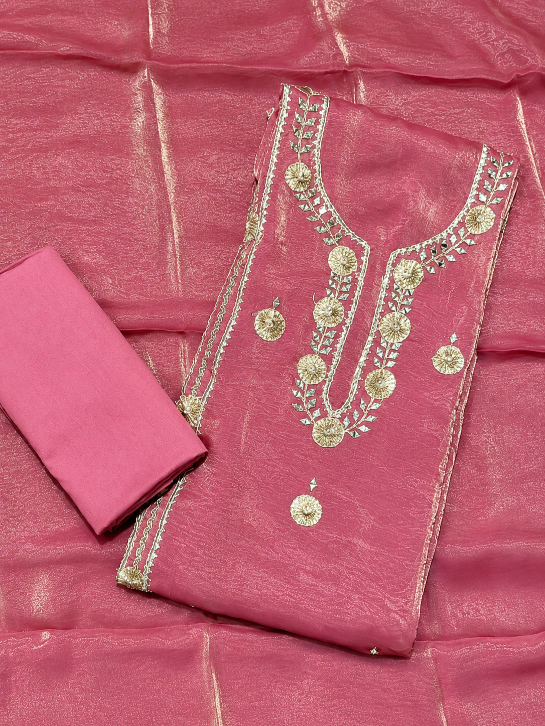 Rose Pink Embroidered Unstitched Suit Set with Elegant Gold Work Dupatta