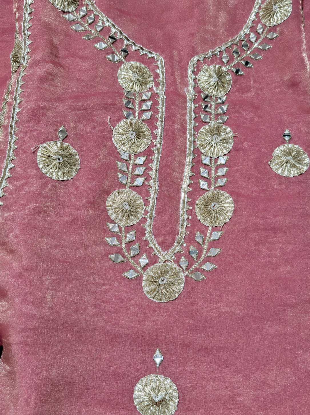 Rose Pink Embroidered Unstitched Suit Set with Elegant Gold Work Dupatta