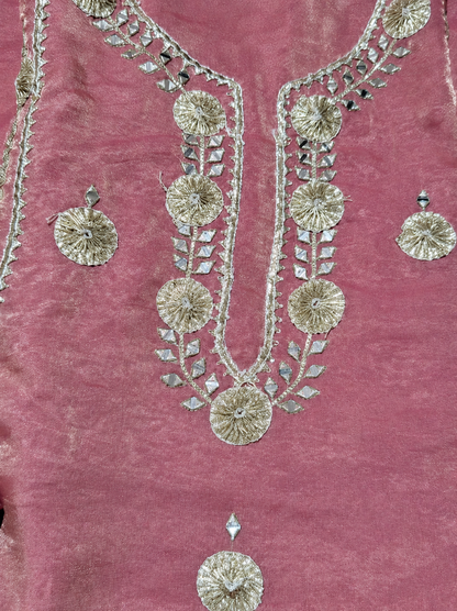Rose Pink Embroidered Unstitched Suit Set with Elegant Gold Work Dupatta